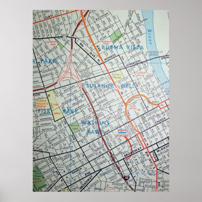 Nashville, TN Vintage Karta Poster (Framsidan)