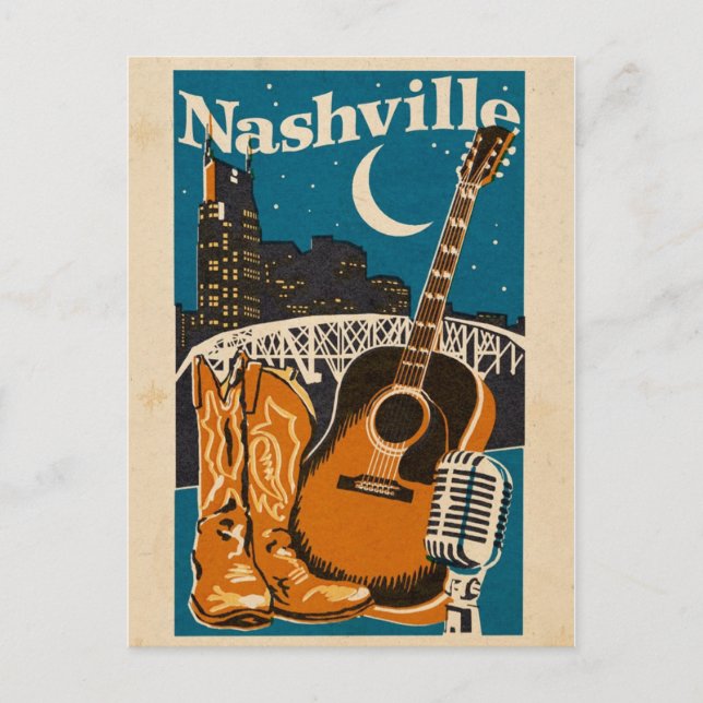 Nashville-vykort - Guitar, Boots & Microphone Re Vykort (Framsida)