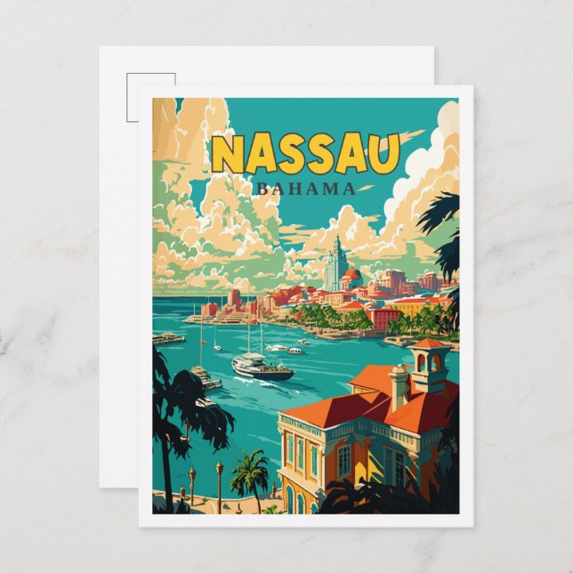 Nassau Bahama vintage resor illustration Vykort (Fram/baksida)
