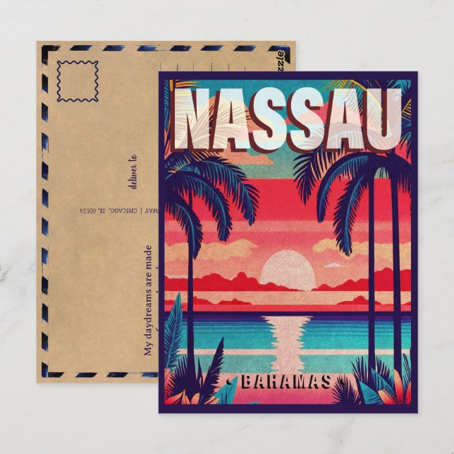 Nassau Bahamas Retro Sunset Souvenir 1950-talet Vykort (Fram/baksida)