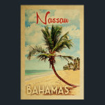 Nassau Handflatan Träd Vintage resor Poster<br><div class="desc">En unik och modern Nassau Bahamas-konst i mitten av århundradet i vintage resor poster stil. Den har en böjd handflatan träd på sandstranden med hav under ett blått grumligt himlar.</div>