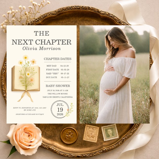 Nästa kapitel börjar Foto Baby Shower Inbjudningar (Skapare uppladdad)