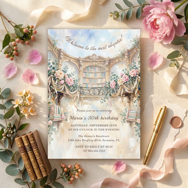 Nästa kapitel Romantiska blommiga bibliotek Födels Inbjudningar (Next Chapter Romantic Floral Vintage Library Womens Birthday Party)