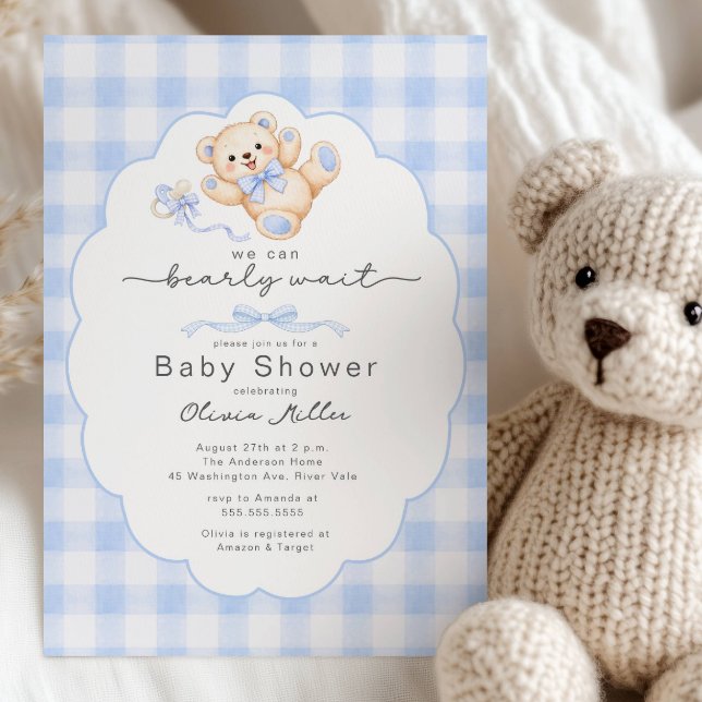 Nästan här blå teddybjörn bebisfest inbjudan (Skapare uppladdad)