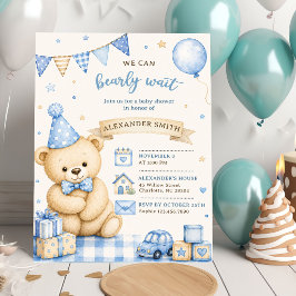 Nästan här blå teddybjörn bebisshower inbjudningar