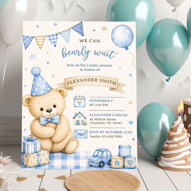 Nästan här blå teddybjörn bebisshower inbjudningar (Skapare uppladdad)