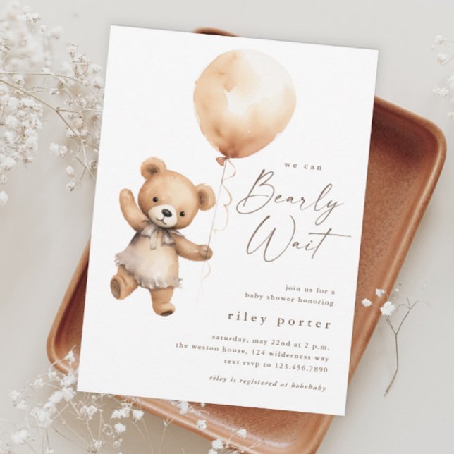 Nästan här Nalle Könsneutrala Bebis-fest Inbjudningar (We Can Bearly Wait Teddy Bear Gender Neutral Baby Shower Invitation.)
