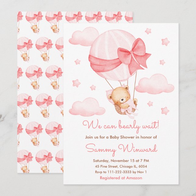 Nästan här rosa ballongflicka baby shower inbjudningar (Fram/baksida)