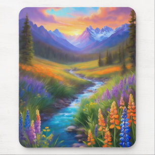 Nästan Heaven Mountain Stream Wildblommor Painting Musmatta