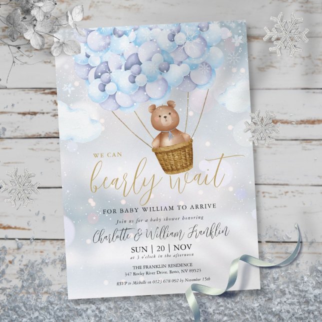 Nästan inte kunna vänta Teddybjörn Pojke Vinter Be Inbjudningar (Bearly Wait Teddy Bear Boy Winter Baby Shower Invitation)