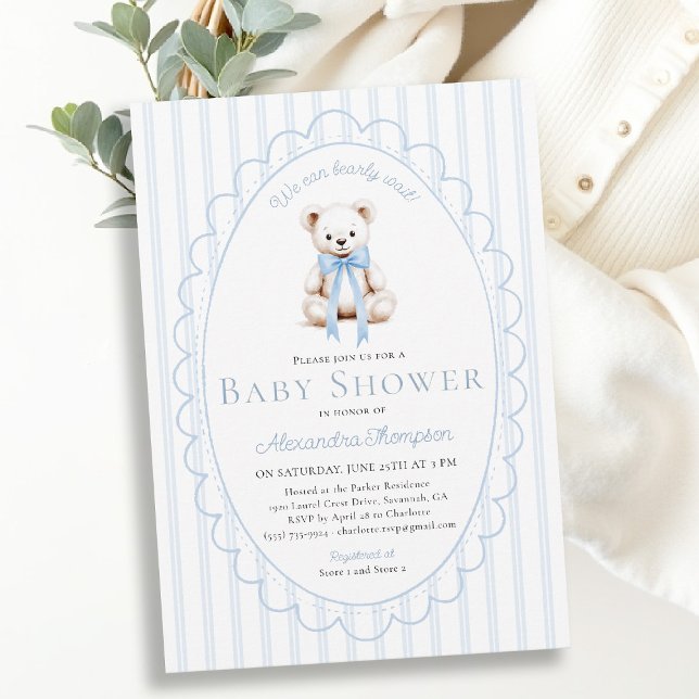 Nästan inte vänta Teddy Randiga band Barnkalas Inbjudningar (bearly wait baby shower invitation traditional classic nursery decor blue stripes teddy bear bow )