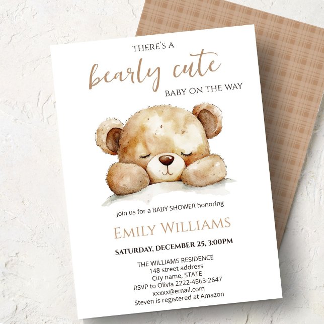 Nästan söta babyfirande | Neutral minimalistisk  Inbjudningar (Cute bear watercolor baby shower invitation “Bearly cute baby on the way” )
