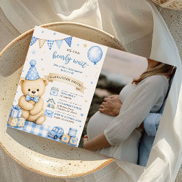 Nästan väntar Blå Teddybjörn Bebis Duscha Foto Inbjudningar