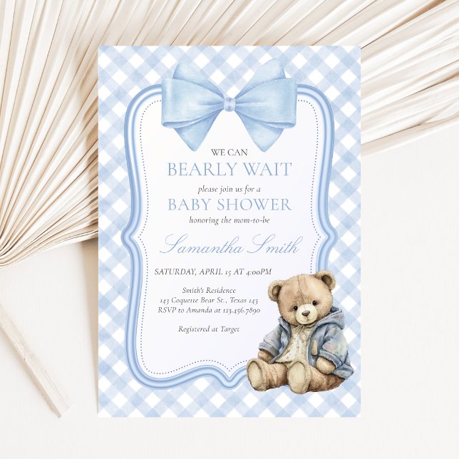 Nästan väntar Elegant björn Bebis bjudning Inbjudningar (Blue Bear Baby Shower Invitation)