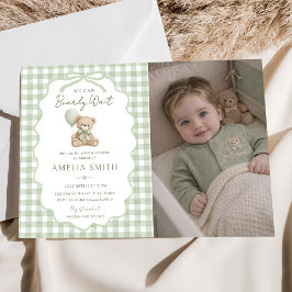 Nästan Väntar Grön Teddybjörn Bebis Duscha Foto Inbjudningar