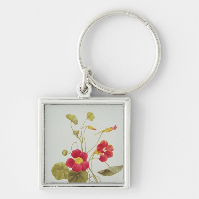 Nasturtium Fyrkantig Silverfärgad Nyckelring (Framsidan)