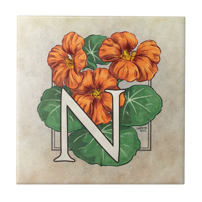 Nasturtiums Flower Blommigt Monogram Kakelplatta (Framsidan)