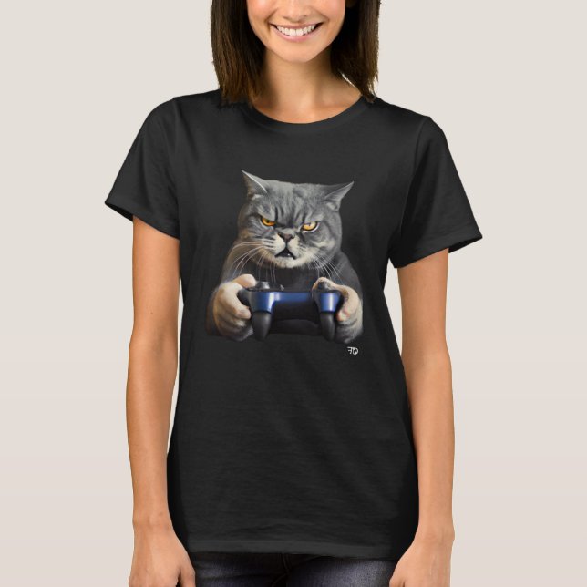 Nasty Gaming Cat With An Evil Look. Gamer T Shirt (Framsida)
