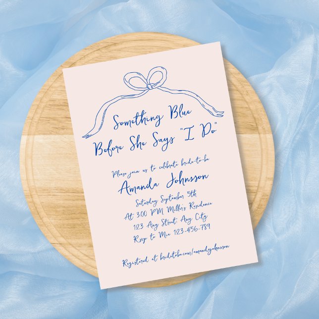 Nåt blått Hand plockade Bow-Möhippa Inbjudningar (Something Blue Hand Drawn Bow Bridal Shower Invitation)