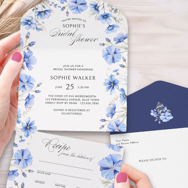 Nåt blått Möhippa och Tear Away-recept (Trifold Invitation with detachable Recipe Card from Something Blue Floral Bridal Shower Collection)
