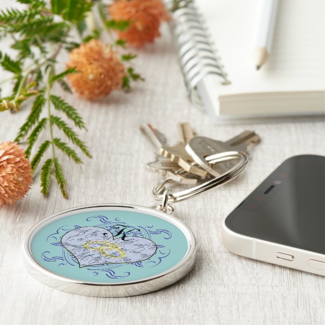 Nåt blått Monogram Bröllop Vow Heart Rund Silverfärgad Nyckelring (Sidan)