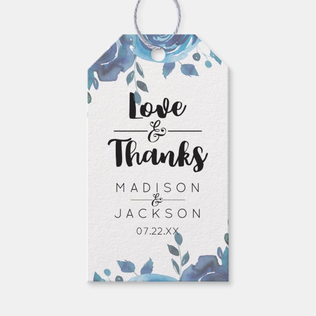 Nåt blått vattenfärgen Bröllop Kärlek och tack Presentetikett (Framsidan)