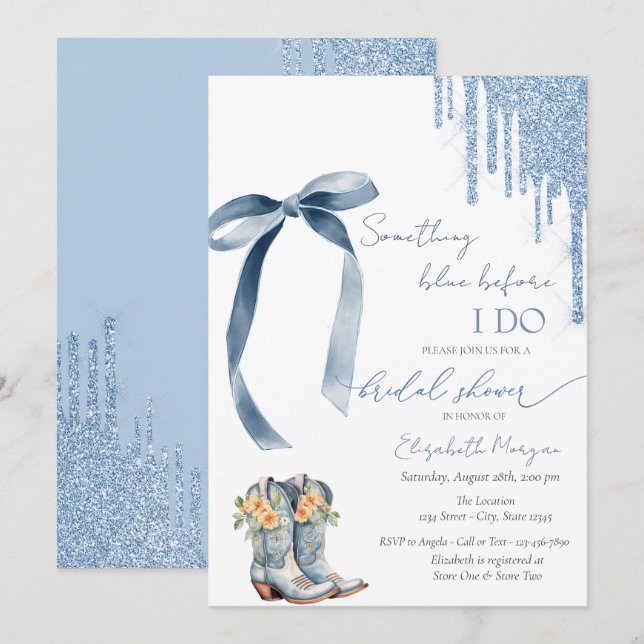 Nåt Blue Bow Glitter Drips CowboyBoots Inbjudningar (Fram/baksida)