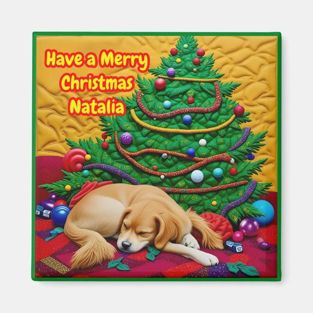NATALIA~ GOD JUL ~ Trädleksaker Hund ~  Magnet (Framsidan)