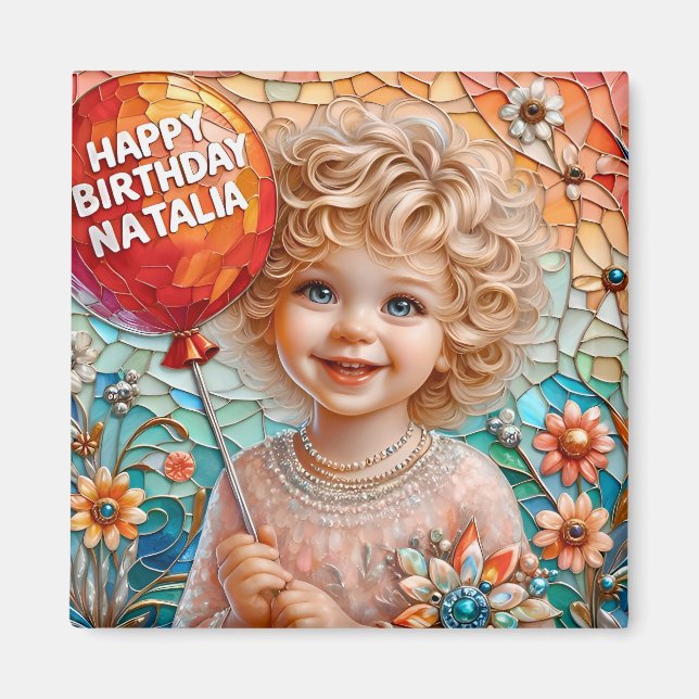 NATALIA~ Happy Birthday ~ Cute Girl Balloon ~  Magnet (Framsidan)