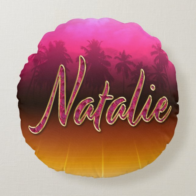 Natalie Vorname Name golden pink Kissen Rund Kudde (Framsidan)