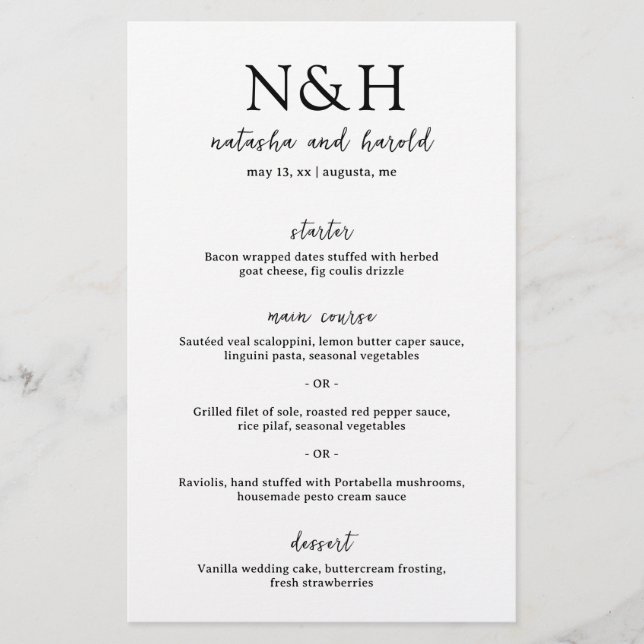 Natasha Monogram Modern Bröllop Menu (Framsida)