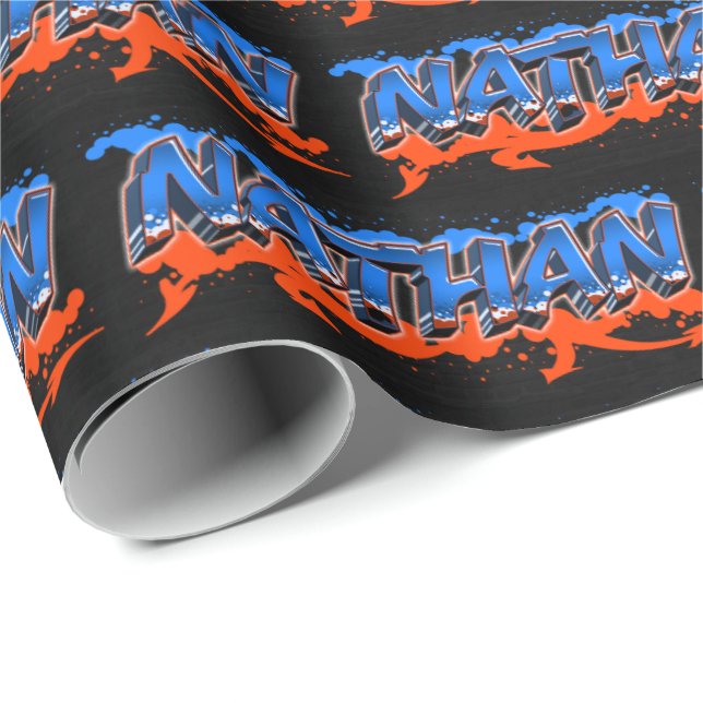 Nathan Vorname Name Graffiti blue orange Presentpapper (Rullad Hörn)