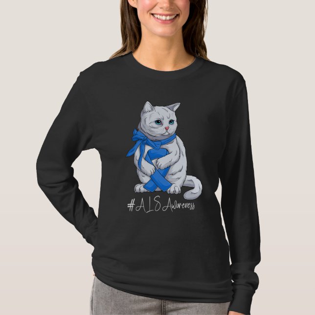 National ALS Awareness Month Blue Ribbon Cute Cat T Shirt (Framsida)