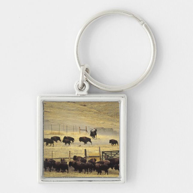 National Bison Range Roundup i Montana Fyrkantig Silverfärgad Nyckelring (Framsidan)