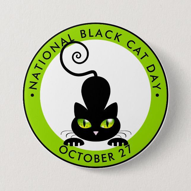 National Black Cat Day, grönt ögon tecknad Knapp (Framsida)