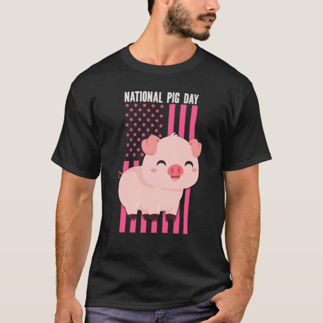 National cute Pig Day American Flag Pink for Girls T Shirt (Framsida)