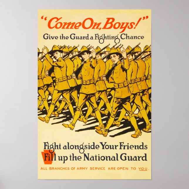 National Guard Kom on Boys WWI Propaganda Poster (Framsidan)