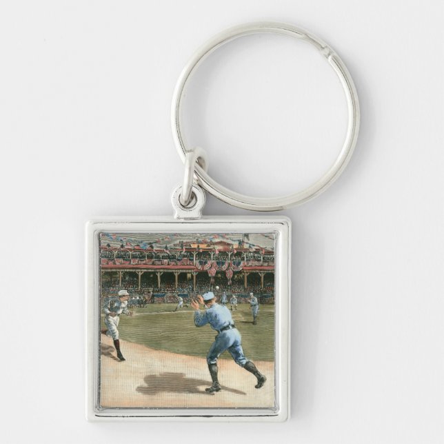National League Baseball Game 1886 Fyrkantig Silverfärgad Nyckelring (Framsidan)