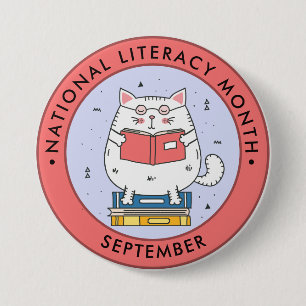 National Literacy Month, läsa katt, rosa Knapp