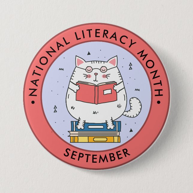 National Literacy Month, läsa katt, rosa Knapp (Framsida)