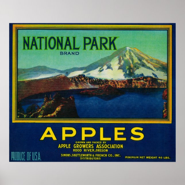 National Park Apple Låda LabelHood River, ELLER Poster (Framsidan)