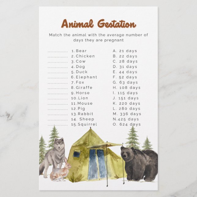 National Park Baby Shower Game - Animal Gestation Flygblad (Framsidan)