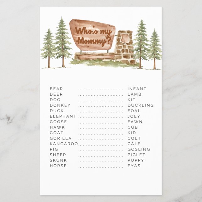 National Park Baby Shower Games Whos My Mamma Flygblad (Framsidan)