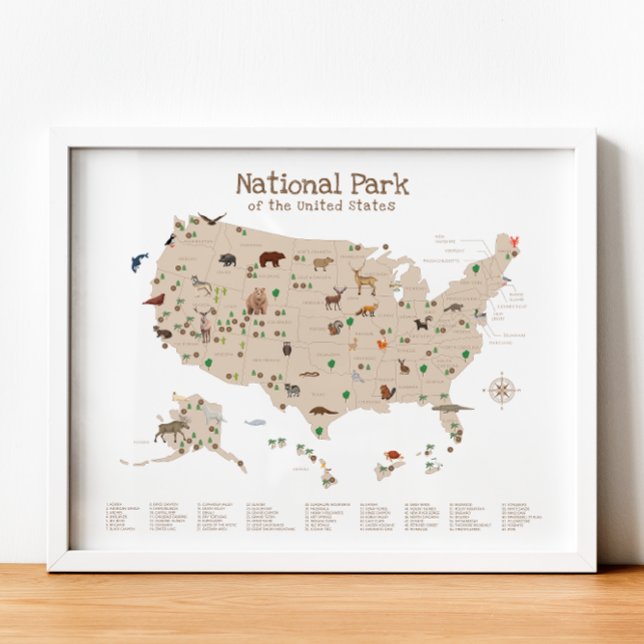 National Park Karta Woodland Animal Nursery Print Poster (National Park Map Woodland Animal Nursery Print)