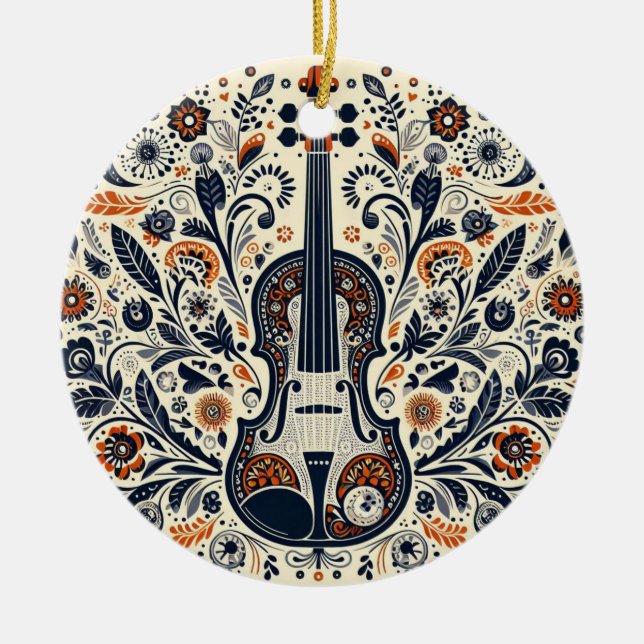 National Violin Day Melody Sticker with Folk Art  Julgransprydnad Keramik (Framsidan)