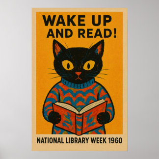 Nationella biblioteksveckan Vakna och läs kattaffi Poster