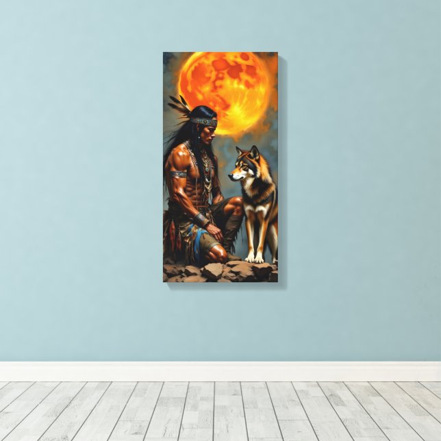 Native American and Wolf Canvastryck (Insitu (trägolv))