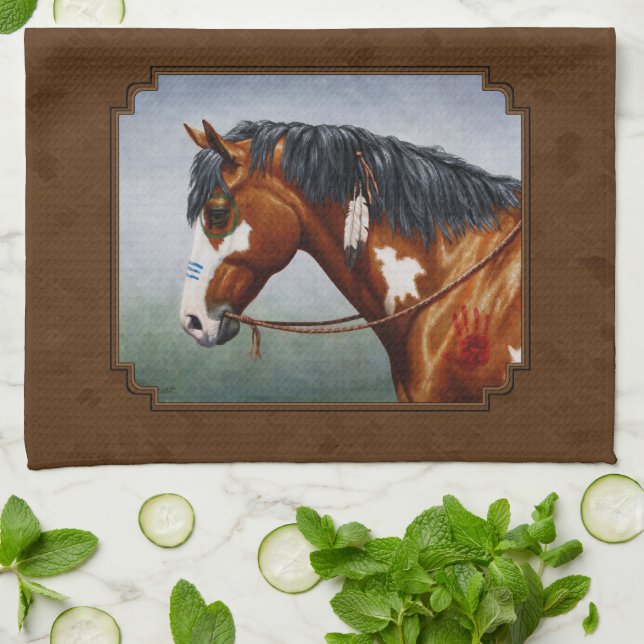 Native American Bay Pinto Horse Brown Kökshandduk (Vikta)