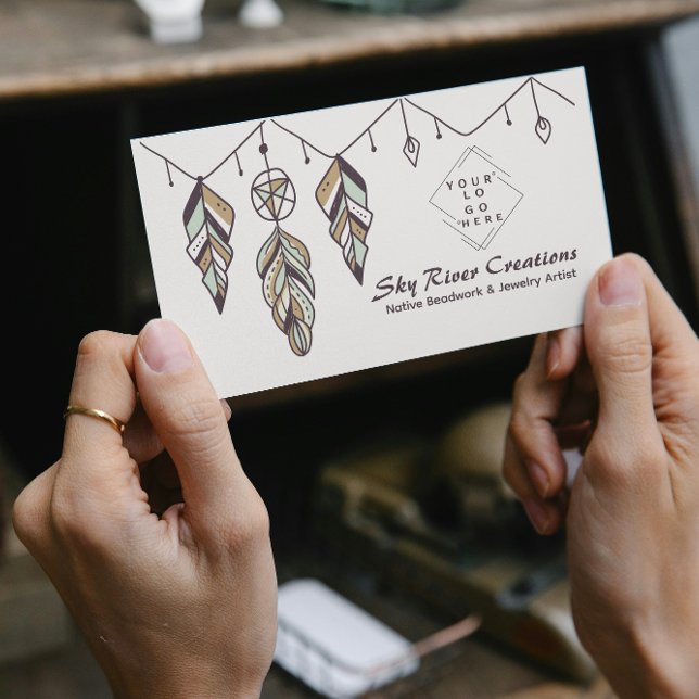 Native American Boho Feather Artisans Craftspepeop Visitkort (native american Boho tribal feather and dreamcatcher design, Native-inspired artisan pattern Ethnic )