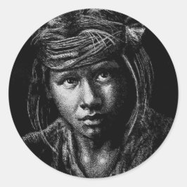 Native American Boy my 2004 teckning vykort Runt Klistermärke